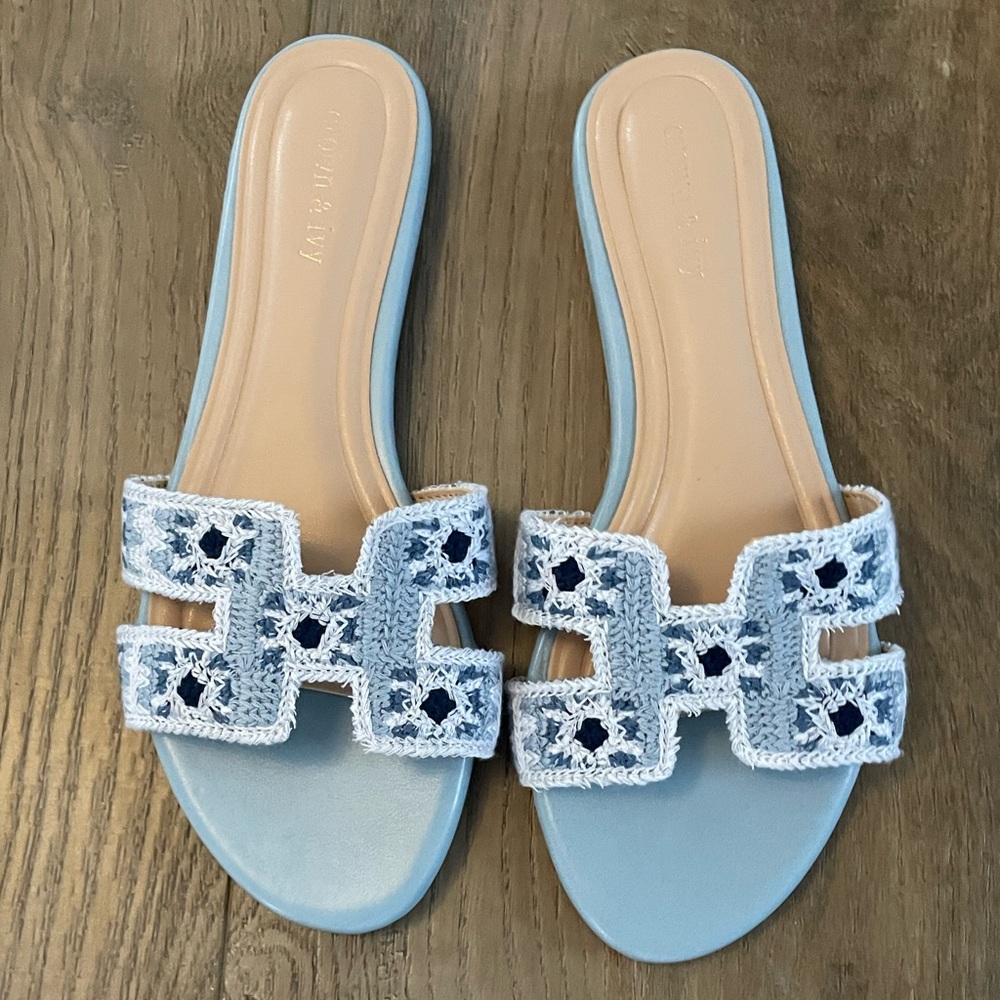 NWOT Crown & Ivy Light Blue and White Crochet Slide Sandals